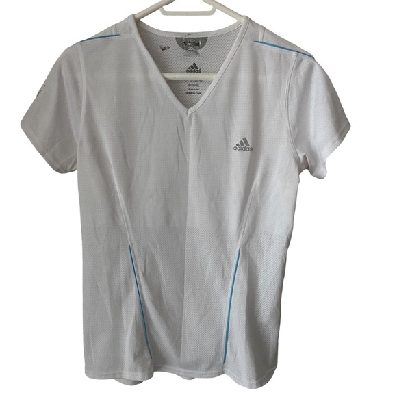 Adidas size Large Formotion white with blue stripes short sleeve tee shirt EUC - Picture 1 of 9